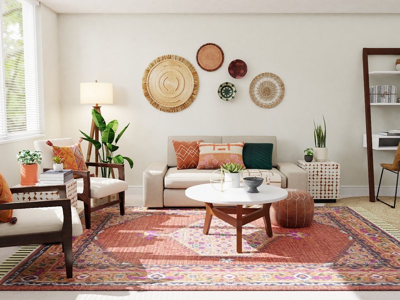 colorful living room with bright red rug and beige furniture